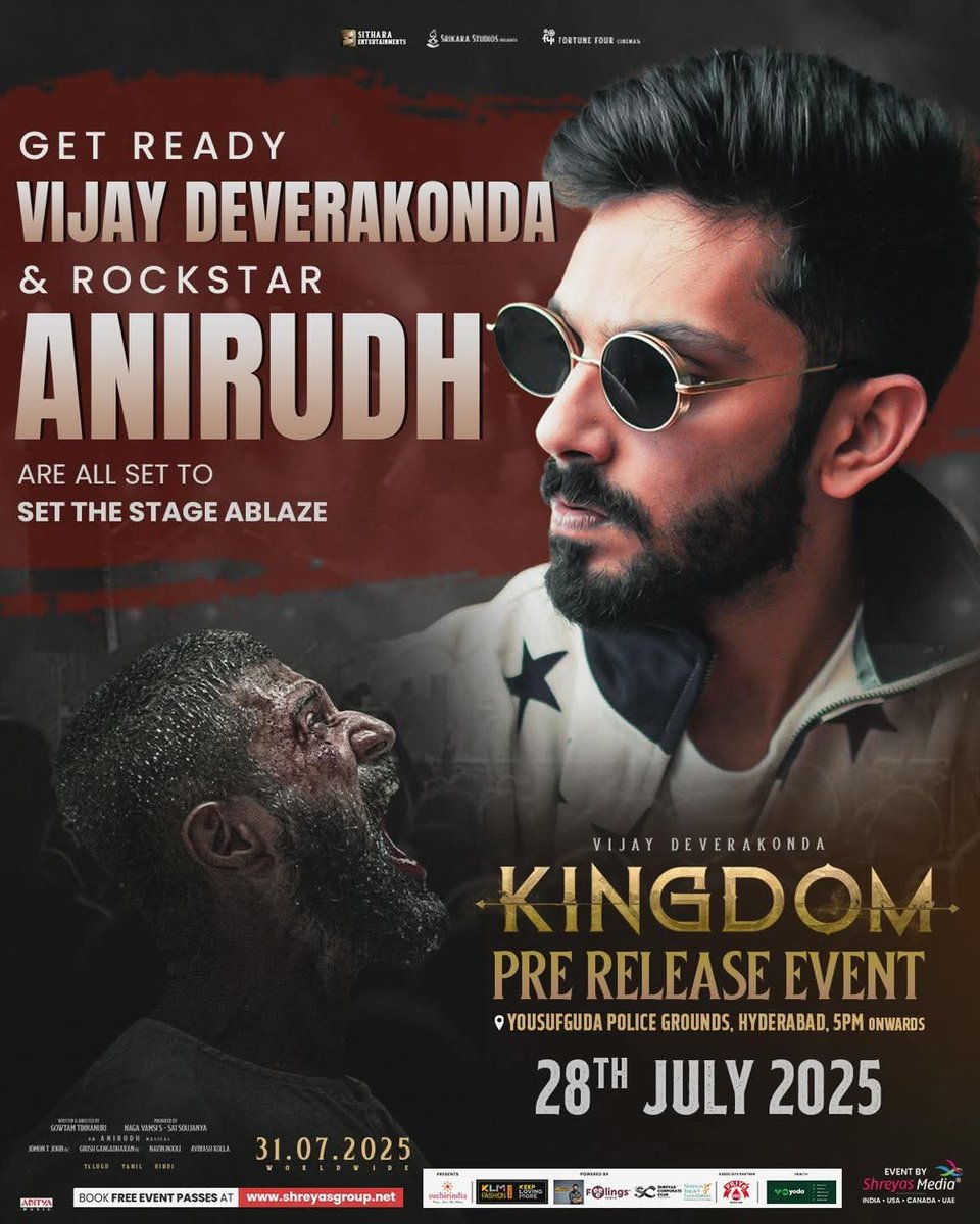 VDTrendsOffl's tweet image. The countdown has begun, HYDERABAD! 💥💥
#VijayDeverakonda and #AnirudhRavichander will set the night ablaze 🔥😎
Join us at the #KINGDOM Pre-Release Event TOMORROW for a show full of stars, sounds, and pure energy 🎶🤘🏻
📍 Police Grounds, Yousufguda
🗓️ 28th July, 5PM onwards…