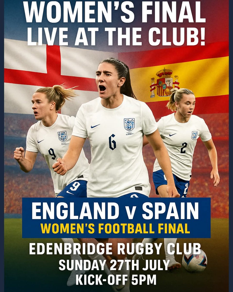 WOMEN'S FINAL – LIVE AT THE CLUB! 

Kick-off 5pm
Watch it LIVE on the big screen

Bring your friends, wear your colours, and let’s cheer the Lionesses to victory!

#Lionesses  #EnglandVsSpain  #womensfinal #edenbridgerugbyclub  #livefootballmatchtoday  #WatchPartyReady #final