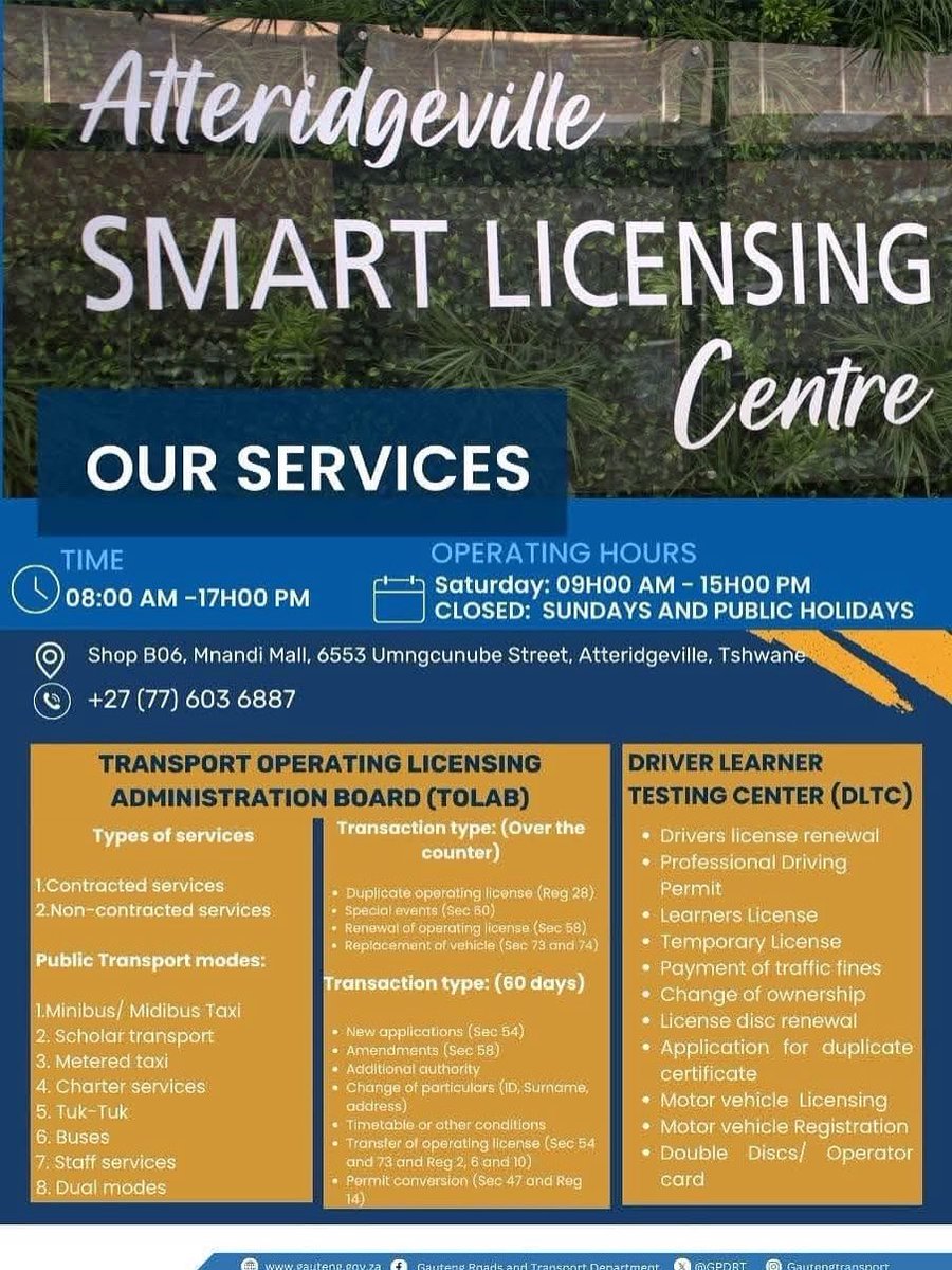 GPDRT_'s tweet image. #AtteridgevilleSmartLicensingCentre 📢📢📢Did you know?
We are also open on Saturdays from 09h00 - 15h00!
Our Address is Shop B06, Mnandi Mall, 6553 Umngcunube Street, Atteridgeville, Tshwane.
#GrowingGautengTogether #AgaLeRona #TacklingG13