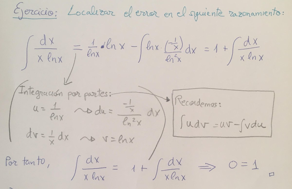 JMSepulcre's tweet image. Os paso una prueba errónea de que 0=1 (a modo de  #falacia matemática). Os animo a que la analicéis🧐 y descubráis el error... En la segunda imagen añado la explicación.  Es una muestra de la importancia del #rigor y la #especificación en el quehacer #matemático #Píldoras_AM_UA