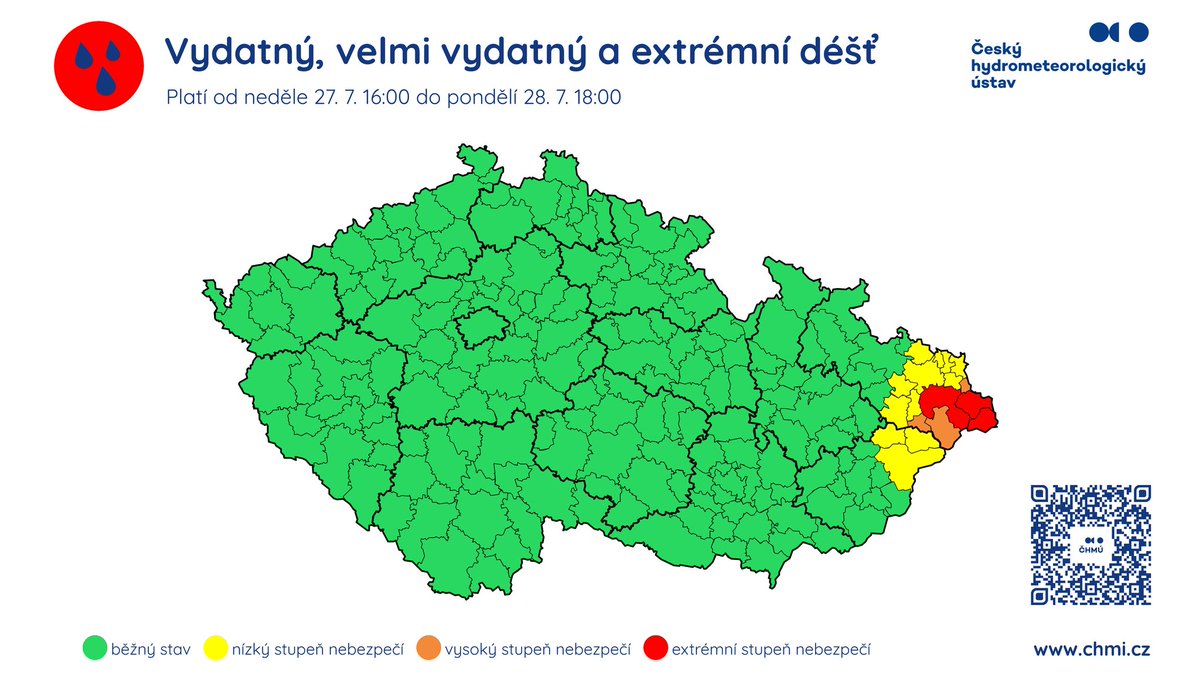 CHMUCHMI's tweet image. ⚠️ Aktualizace výstrahy ČHMÚ
❗️ Tato výstraha upřesňuje územní i časovou platnost varování před vydatnými srážkami a v některých oblastech zvyšuje stupeň nebezpečí, zároveň upřesňuje i varování před povodňovými jevy.
🌧️ V oblasti Jeseníků, Rychlebských hor, Králického Sněžníku a…
