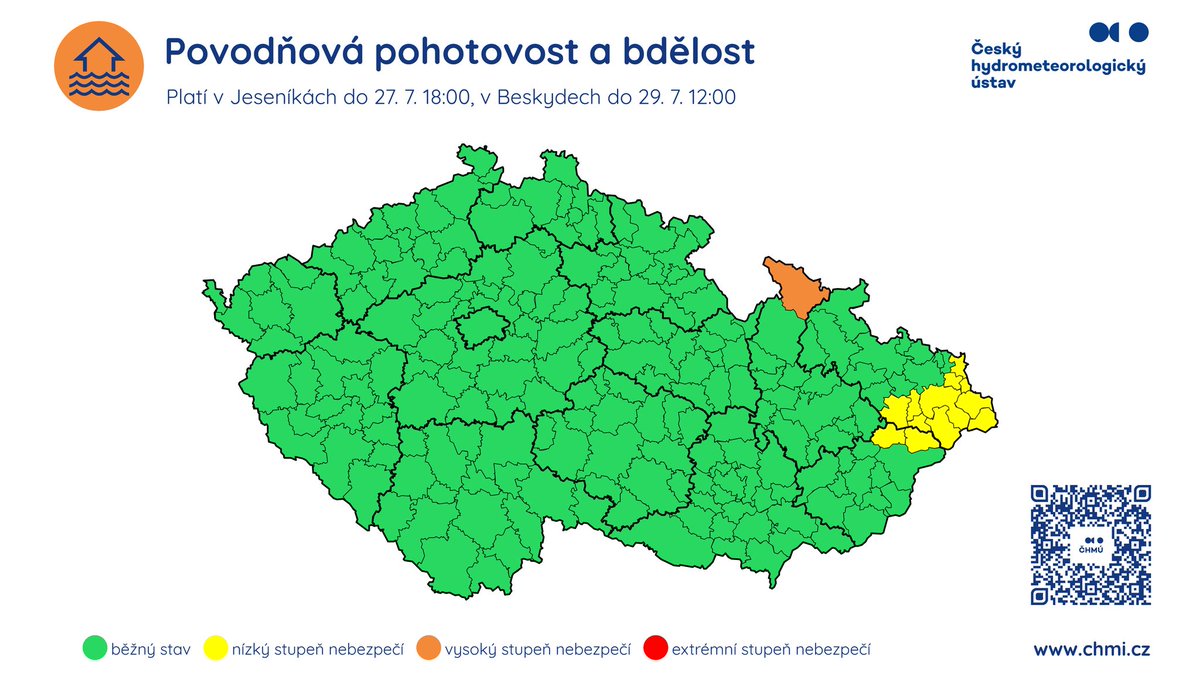 CHMUCHMI's tweet image. ⚠️ Aktualizace výstrahy ČHMÚ
❗️ Tato výstraha upřesňuje územní i časovou platnost varování před vydatnými srážkami a v některých oblastech zvyšuje stupeň nebezpečí, zároveň upřesňuje i varování před povodňovými jevy.
🌧️ V oblasti Jeseníků, Rychlebských hor, Králického Sněžníku a…