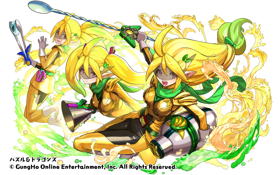 Yosuke_Adachi's tweet image. 歴世の杯イベント、ナンナレンジャーズ

バナナのお酒擬人化とのことで、バナナといえば房、3人セットで…と描いたら作画コスト高くて大変だった
基本的に変身ヒーローになる人って、自由業（無職・冒険家等）、刑事、カフェ店員が鉄板だと思ってる

#パズドラ
