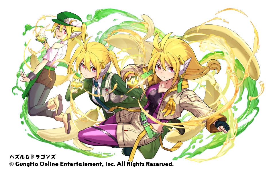 Yosuke_Adachi's tweet image. 歴世の杯イベント、ナンナレンジャーズ

バナナのお酒擬人化とのことで、バナナといえば房、3人セットで…と描いたら作画コスト高くて大変だった
基本的に変身ヒーローになる人って、自由業（無職・冒険家等）、刑事、カフェ店員が鉄板だと思ってる

#パズドラ