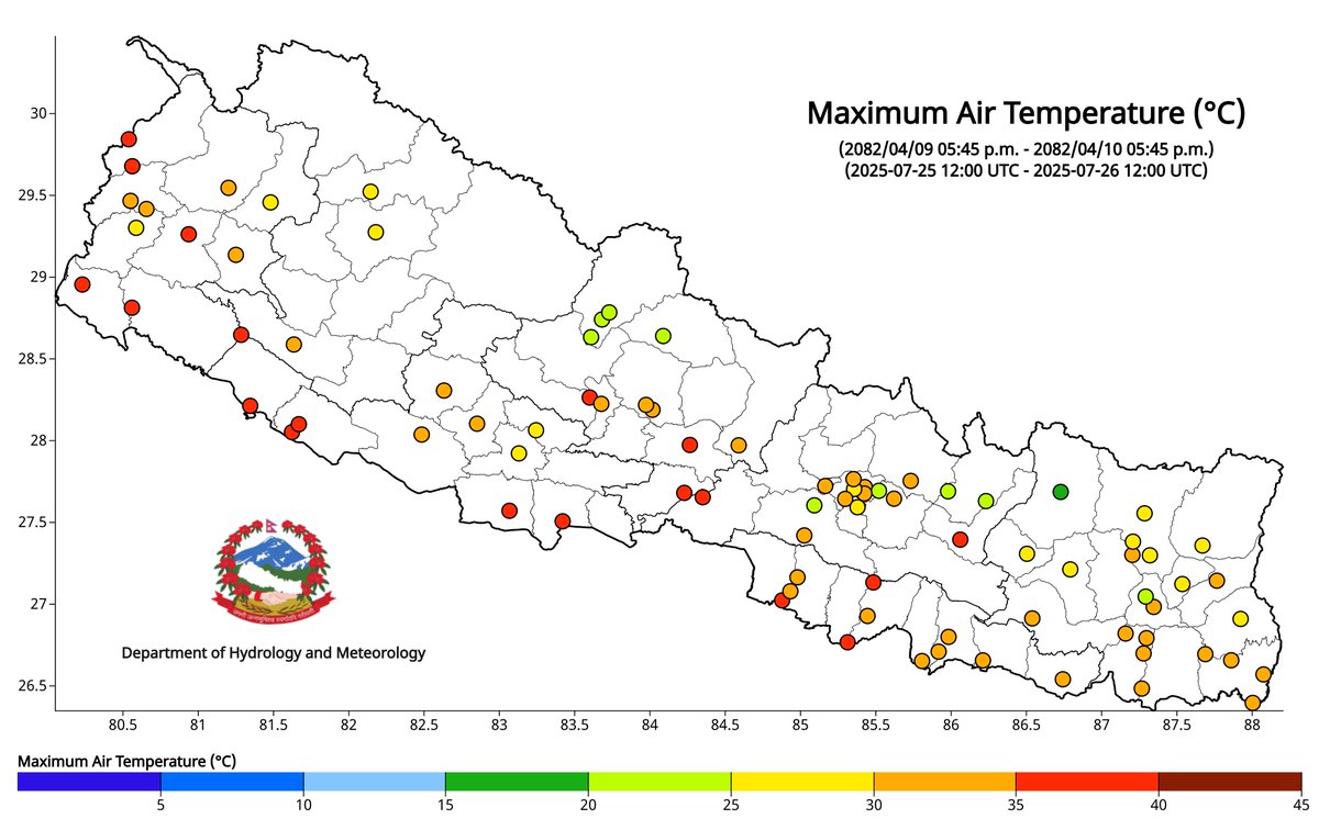 ClimateDhm's tweet image. #Daily_Weather_Summary_27th_July_2025
The highest daily precipitation (73.3mm) is recorded at Katti (Dailekh) today. The highest temperature (38.0°C) is recorded at Rampur (Chitwan) and the lowest (11.0°C) at Humde (Manang). For more, visit dhm.gov.np/climate-