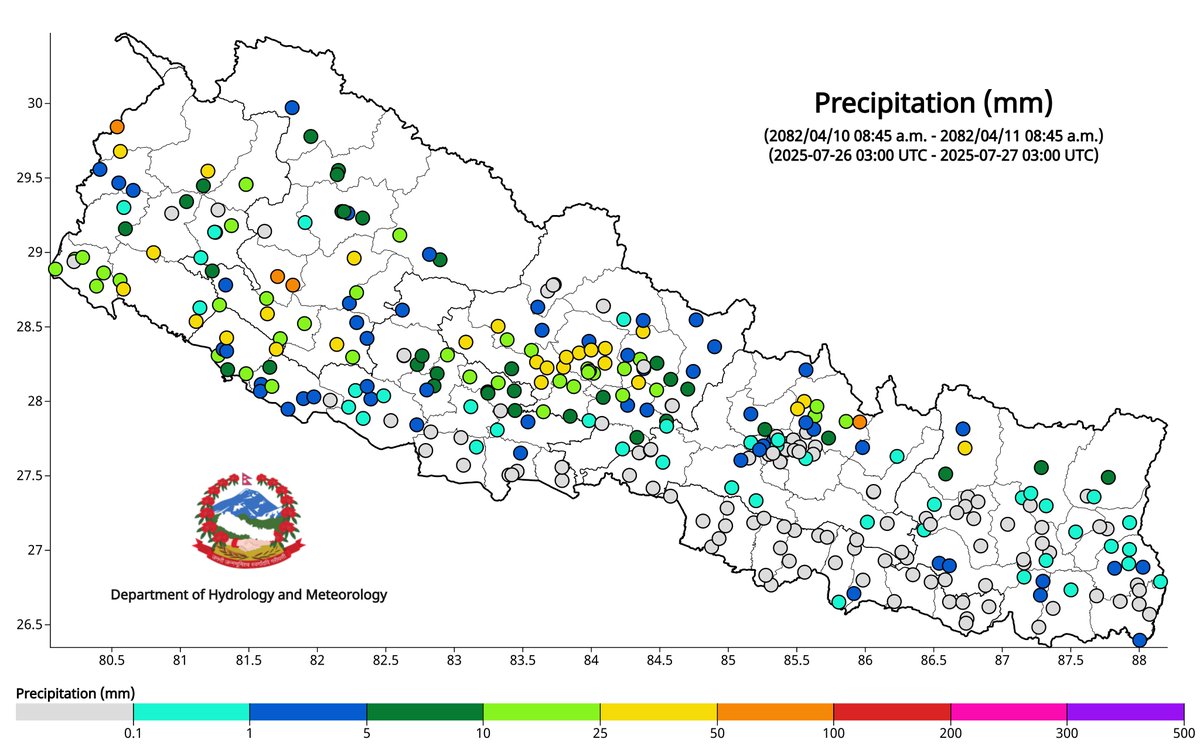 ClimateDhm's tweet image. #Daily_Weather_Summary_27th_July_2025
The highest daily precipitation (73.3mm) is recorded at Katti (Dailekh) today. The highest temperature (38.0°C) is recorded at Rampur (Chitwan) and the lowest (11.0°C) at Humde (Manang). For more, visit dhm.gov.np/climate-