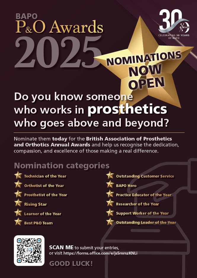 BAPO2's tweet image. ⚠️NOMINATIONS CLOSE 31st July⚠️
Do you know someone in P&O that goes above and beyond? Help us recognise the dedication, compassion and excellence of those making a real difference.
Nominate here: forms.office.com/e/js5mmzKNLi
#Prosthetics #Orthotics #BAPOAwards25