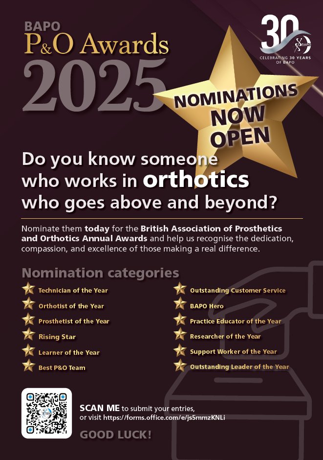 BAPO2's tweet image. ⚠️NOMINATIONS CLOSE 31st July⚠️
Do you know someone in P&O that goes above and beyond? Help us recognise the dedication, compassion and excellence of those making a real difference.
Nominate here: forms.office.com/e/js5mmzKNLi
#Prosthetics #Orthotics #BAPOAwards25