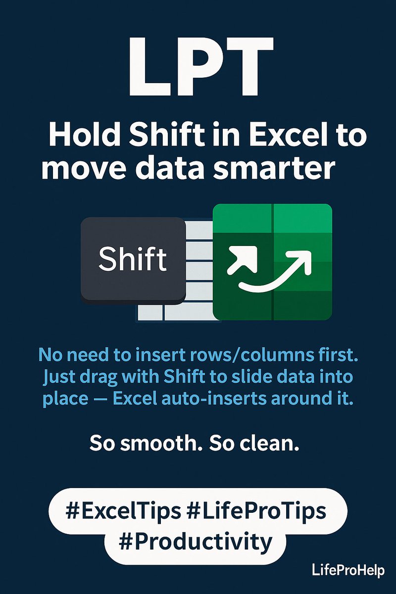 LifeProHelper's tweet image. LPT: Hold Shift in Excel to move data smarter
No need to insert rows/columns first.
Just drag with Shift to slide data into place — Excel auto-inserts around it.
So smooth. So clean.
#Excel #LifeProTips #Productivity