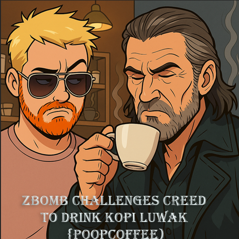 @zbomb94  ’s first unholy challenge to @creedvonwolf  Drink the cursed elixir… Kopi Luwak (aka cat poop coffee) 
Will he survive? Will his taste buds beg for mercy?
 Sunday, 9PM CST — witness the madness:
 kick.com/creedvonwolf
