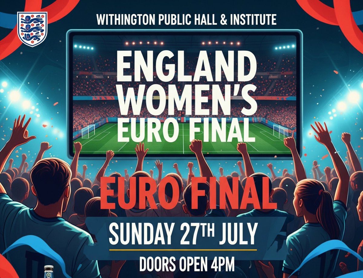 WeAreWithington's tweet image. Catch England women's team big Euro final tonight on the big screen at Withington Public Hall and Institute.
Beers, pizza & family friendly vibes.
Doors open 4pm
Good luck to our Lionesses 🏴