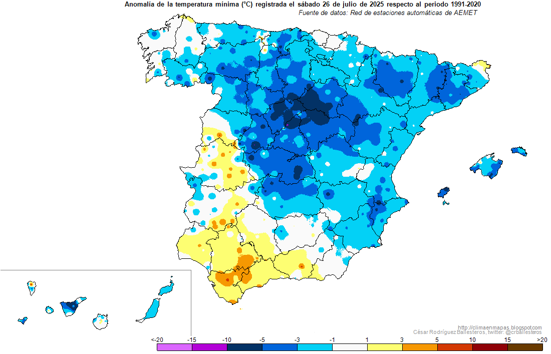 #Temperaturas máximas y mínimas registradas ayer sábado 26 de julio y #Anomalías resultantes. Periodo de referencia: 1991-2020. #ClimaEnMapas.
climaenmapas.blogspot.com/p/tobs072025.h…