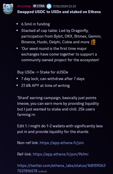 mooney (@mooneynft) on Twitter photo One of the best 'calls' I've shared in <a href="/Squishiverse/">Squishiverse</a> / <a href="/SappySealsNFT/">Sappy Seals</a> farming channels
First airdrop was over 100% ROI within a few months and I've continued to farm <a href="/ethena_labs/">Ethena Labs</a> ever since and majority of all $ENA
Hindsight Harold but i REALLY wish I sized more earlier on One of the best 'calls' I've shared in <a href="/Squishiverse/">Squishiverse</a> / <a href="/SappySealsNFT/">Sappy Seals</a> farming channels
First airdrop was over 100% ROI within a few months and I've continued to farm <a href="/ethena_labs/">Ethena Labs</a> ever since and majority of all $ENA
Hindsight Harold but i REALLY wish I sized more earlier on