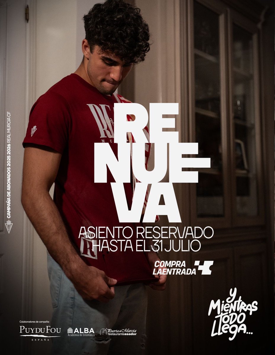 🧨 𝙔 𝙈𝙞𝙚𝙣𝙩𝙧𝙖𝙨 𝙏𝙤𝙙𝙤 𝙡𝙡𝙚𝙜𝙖... 𝗥𝗘𝗡𝗨𝗘𝗩𝗔 𝗧𝗨 𝗔𝗕𝗢𝗡𝗢.

‼️ ¡𝗥𝗘𝗖𝗨𝗘𝗥𝗗𝗔!
🗓️ Asiento reservado hasta el 31 de julio.
🔓 El 1 de agosto se liberan las localidades no renovadas
💻 𝗢𝗻𝗹𝗶𝗻𝗲: realmurcia.compralaentrada.com