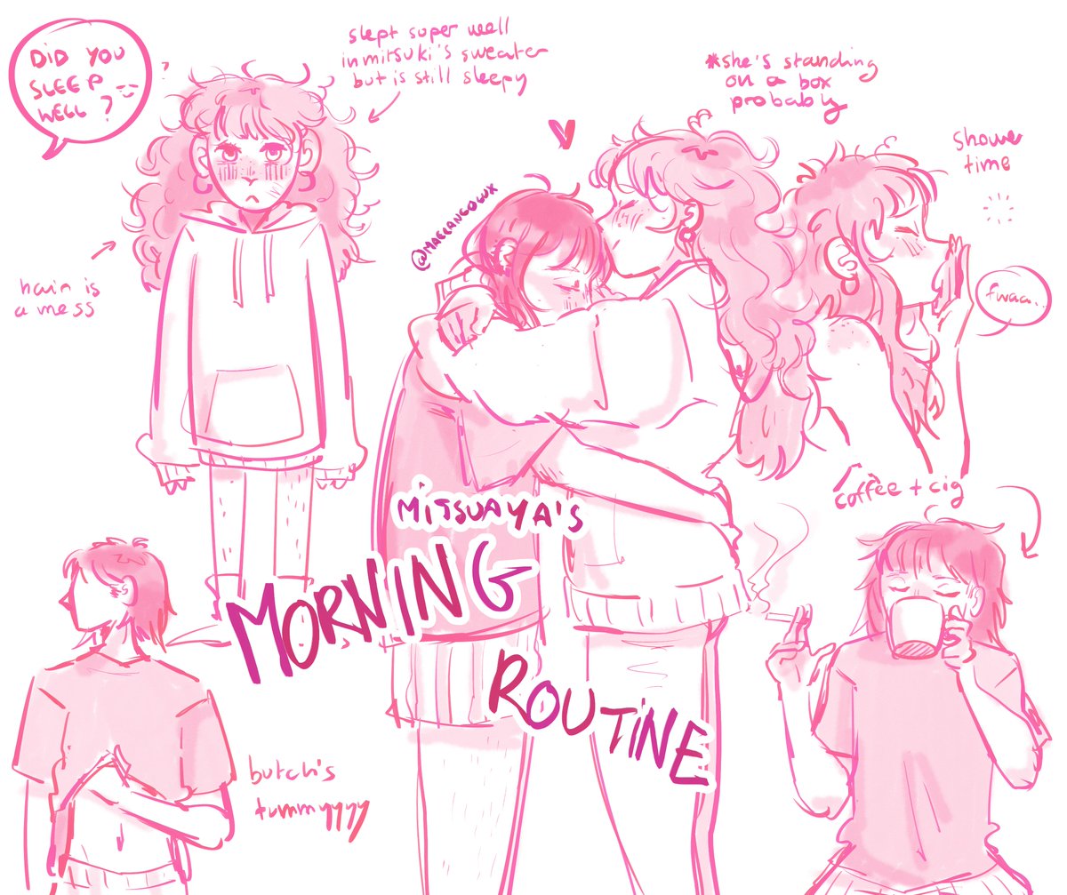 maelancolux's tweet image. my first entry for day 1 of #MitsuayaWeek2025: domestic mitsuaya 🩷 i wanted to draw their morning routine in their +2 setting!!