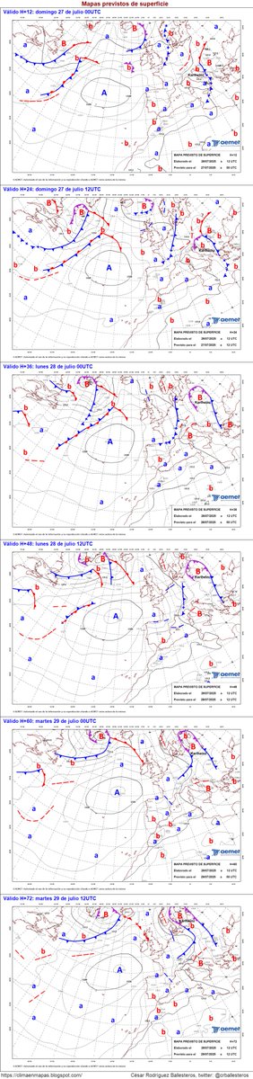 Mapas de superficie previstos de H+12 a H+72. Tiempo anticiclónico, con ausencia de precipitaciones en casi todo el país; tan sólo en el Cantábrico, Cataluña y Baleares puede darse alguna precipitación débil. #ClimaEnMapas.
climaenmapas.blogspot.com/p/mapasfrentes…