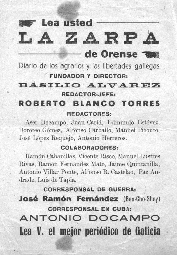 ACBoveda's tweet image. O 27/7/1921 fúndase La Zarpa, diario agrarista publicado en Ourense entre 1921 e 1936 fundado Basilio Álvarez. Levou a cabo unha intensa campaña anticaciquil e en prol da redención dos foros. Naceu con apenas 4 páxinas e acabou con 12 e unha tirada de case 5000 exemplares.