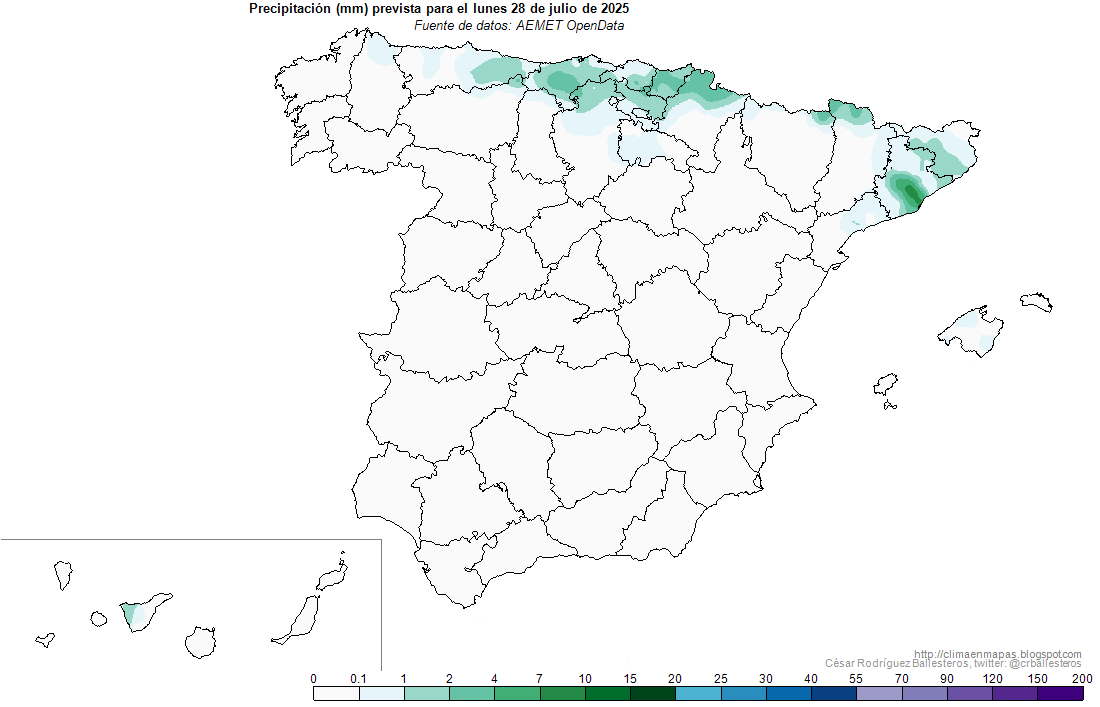 Ausencia de precipitaciones en casi todo el país hoy y mañana; tan sólo en el Cantábrico, Cataluña y Baleares puede producirse alguna precipitación débil. #ClimaEnMapas.
climaenmapas.blogspot.com.es/p/mapastprevis…