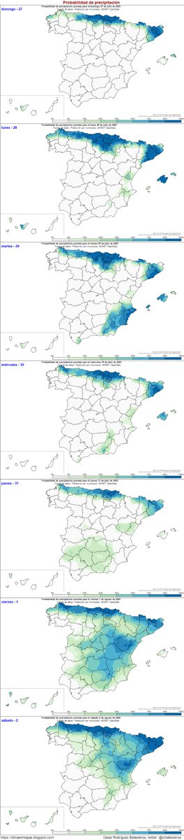 #ProbabilidadPrecipitación baja en general para despedir julio, salvo en el extremo norte y Baleares y aumento de la misma para dar la bienvenida a agosto. #ClimaEnMapas.
climaenmapas.blogspot.com/p/panelmapaspr…