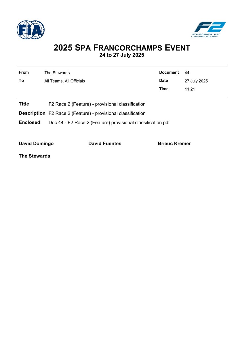 f2docsbot's tweet image. New document: Doc 44 - F2 Race 2 (Feature) - provisional classification
Published on 27.07.25 11:21 CET
fia.com/system/files/d…
#F2 #Formula1 #FIA