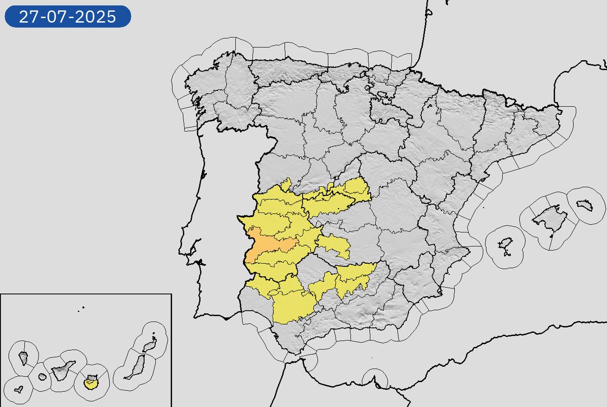 AEMET_Esp's tweet image. 27/07 11:18 Avisos activos hoy y mañana en España por temperaturas máximas, costeros, lluvias y vientos. Nivel máximo de aviso: naranja.
Actualizaciones en aemet.es/es/eltiempo/pr…