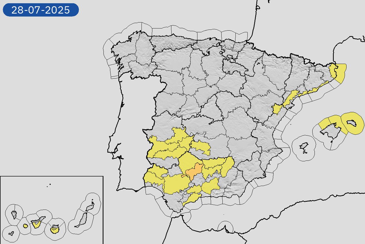 AEMET_Esp's tweet image. 27/07 11:18 Avisos activos hoy y mañana en España por temperaturas máximas, costeros, lluvias y vientos. Nivel máximo de aviso: naranja.
Actualizaciones en aemet.es/es/eltiempo/pr…