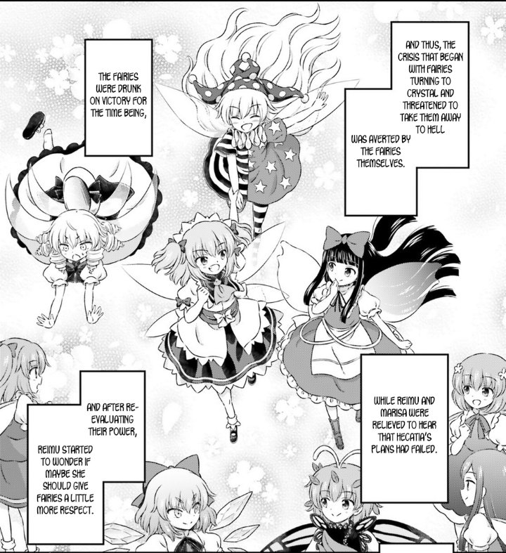 PSIBEP's tweet image. Finished reading Touhou Sangetsusei
Really fun and silly manga, enjoyed it a lot
It's just the 3 Fairies (and later Clownpiece) going on silly adventures and playing pranks on the others