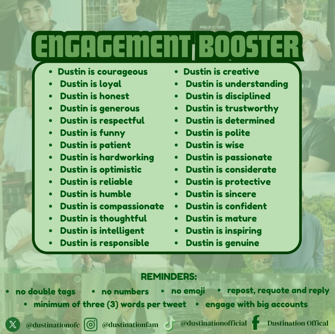 dustin_trends's tweet image. Tag booster three for YU!

[Reply here as many as you can]

Reminders:
• Avoid using numbers, emojis, and capital letters
• Minimum of three words per tweet
• Include pictures and videos  
• Repost, Requote, and Reply
• Engage on fresh tweets

DUSTIN RUMBLE READY
DUSTIN…