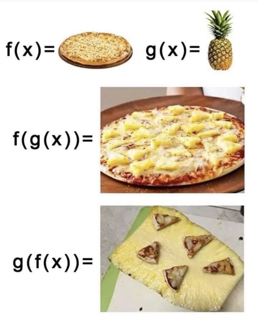 JMSepulcre's tweet photo. #ComposicióndeFunciones 😂¿Prefieres f(g(x)) o g(f(x))? ¡Yo lo tengo claro!
@DimatesUA
@Dimatematicas https://t.co/IRs9o3KZEt