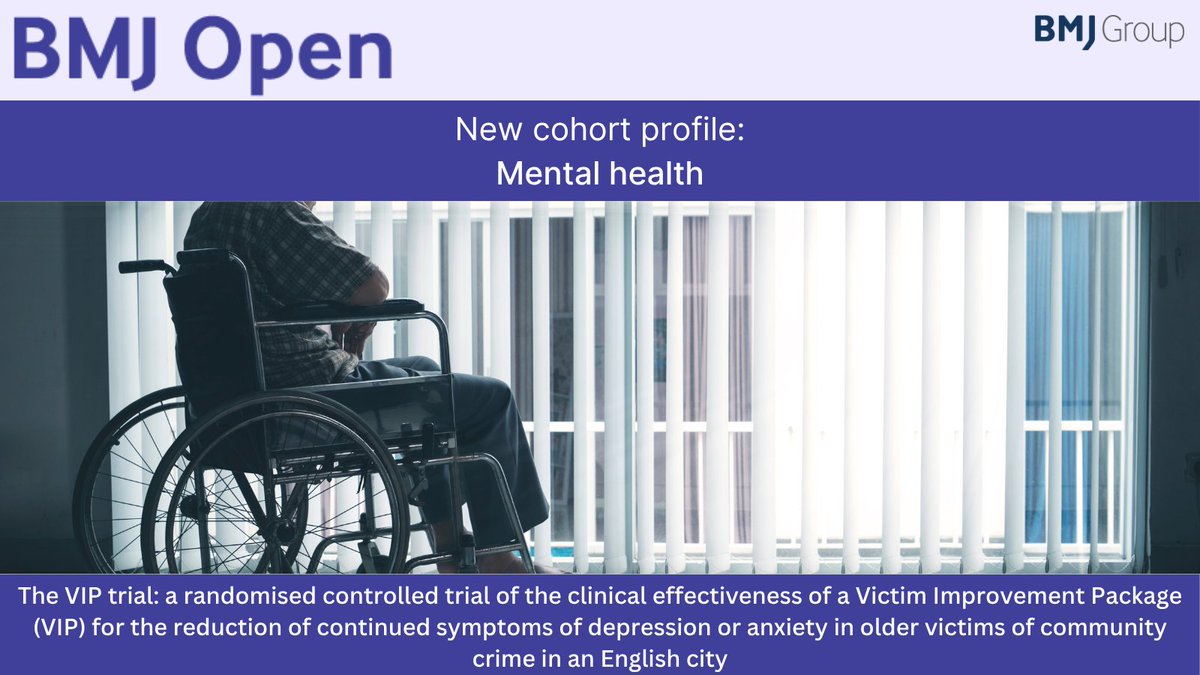 BMJ_Open's tweet image. The VIP #trial: clinical effectiveness of a Victim Improvement Package (VIP) for the reduction of continued symptoms of depression or anxiety in older victims of community crime in an English city
Read the findings of this randomised controlled trial: doi.org/10.1136/bmjope…
