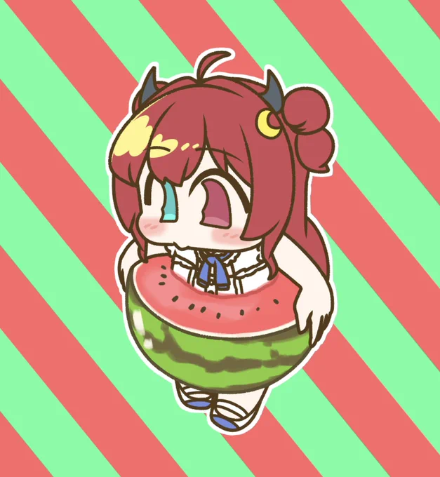 ロアちゃんスイカを履いて ロアちゃんスイカ食べた〜? 今日はスイカの日らしいからスイカ食べたりスイカ味のもの食べて飲んだりとしてきたいよね そして可愛いスイカグッズとかも集めてみたり! ロアちゃん暑い今日はスイカで凌いでこ ロアちゃんにひんやり美味しいスイカを〜 #ロアート
