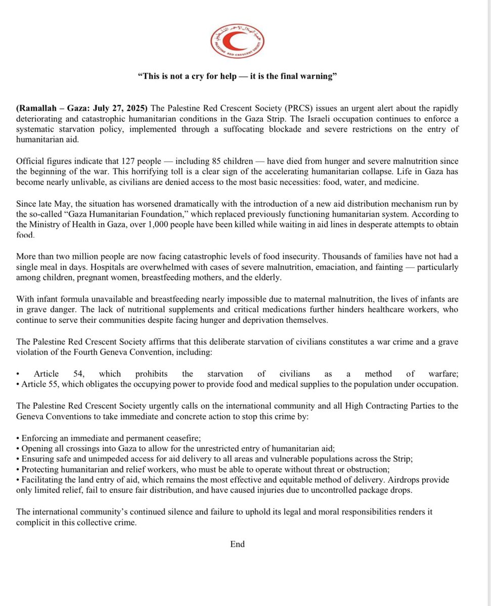 🚨The Palestine Red Crescent Society (PRCS) issues an urgent alert about the rapidly deteriorating and catastrophic humanitarian conditions in the #Gaza Strip. The Israeli occupation continues to enforce a systematic #starvation policy, implemented through a suffocating blockade