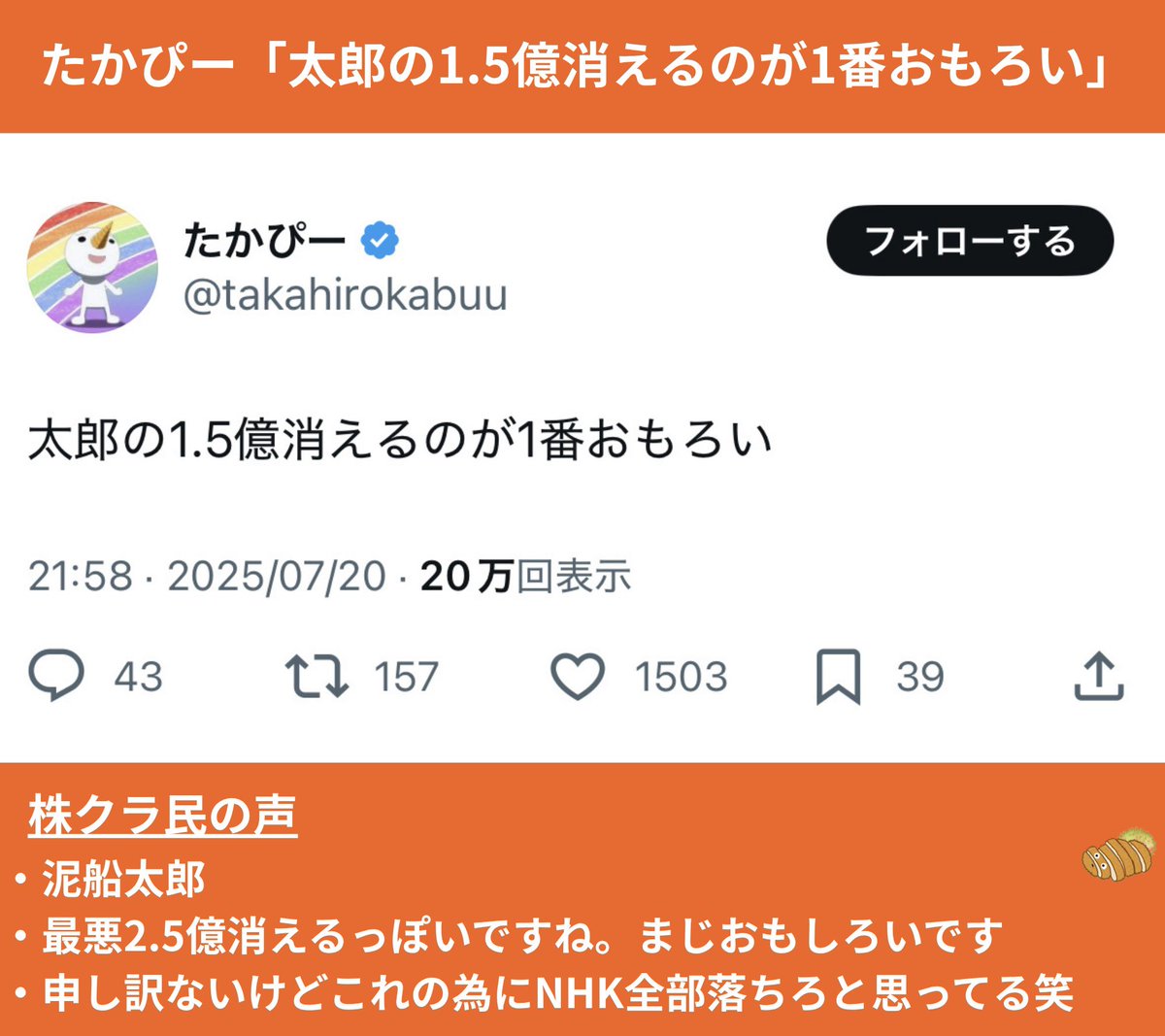 tonkats_index's tweet image. 今週の株クラ＞
①造船太郎「1億5000万円溶かしました。しんどいです」→大炎上🔥
②たかぴー「太郎の1.5億消えるのが1番おもろい」
③岐阜暴威「暴落しろ暴落しろ暴落しろ暴落しろ…」→急騰
④株ゴリラ「鬼滅の刃みたけど炭治郎が10年塩漬けしてる株を泣きながら売るシーンで涙止まらんかった」