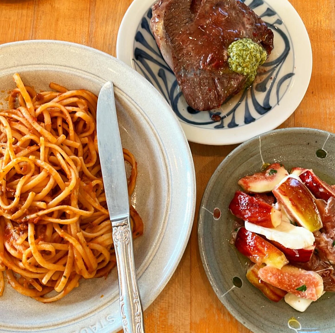 Reporter At Work At Pasta, Fig and Ham Salad And Beef Dinner