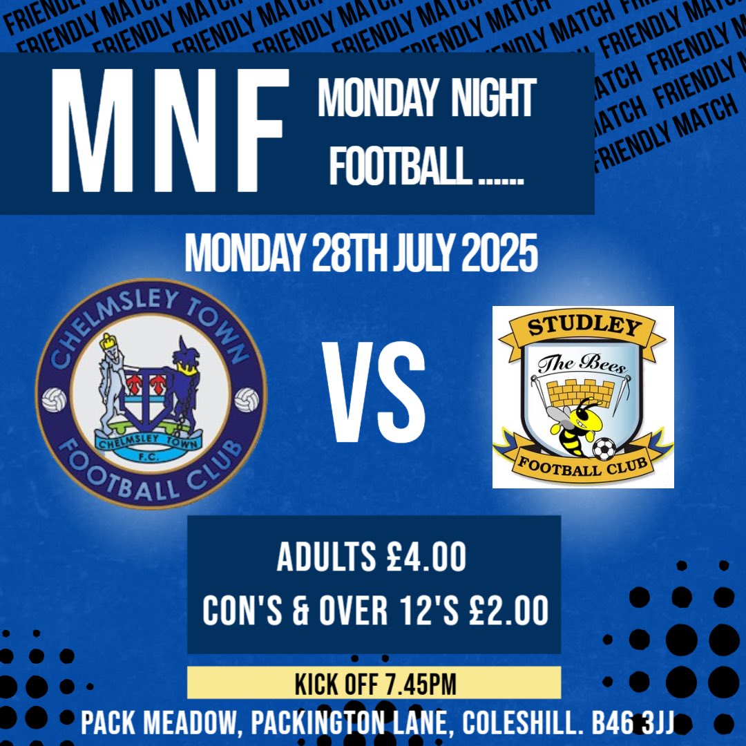 Chelmsley Town FC 🏴 (@chelmsleytown) on Twitter photo ⚽️⚽️MONDAY NIGHT FOOTY⚽️⚽️
We are back tomorrow night <a href="/PackMeadow/">Pack Meadow Limited</a> for our final preseason friendly v <a href="/StudleyFC/">Studley FC</a> , before the 2025/26 starts on Saturday.
Come down grab a ☕️🍺🧃🍷& support the lads
#teamchembo
#Nonleague ⚽️⚽️MONDAY NIGHT FOOTY⚽️⚽️
We are back tomorrow night <a href="/PackMeadow/">Pack Meadow Limited</a> for our final preseason friendly v <a href="/StudleyFC/">Studley FC</a> , before the 2025/26 starts on Saturday.
Come down grab a ☕️🍺🧃🍷& support the lads
#teamchembo
#Nonleague
