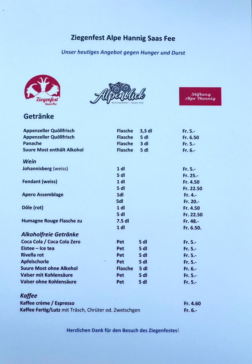 SF3906's tweet image. Jetzt am #Ziegenfest zu Gunsten der Stiftung Alpe Hannig - es fehlt auf der Karte: Glühwein 😅