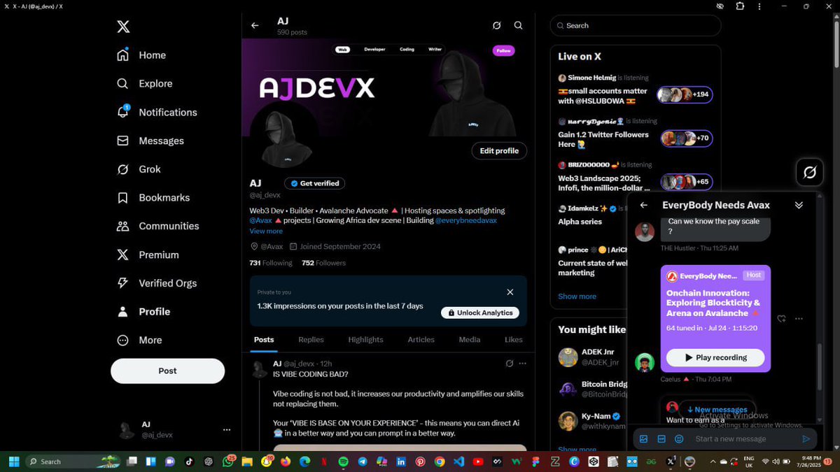 AJ (@aj_devx) on Twitter photo GM
A few months ago I was lost. No direction.
Then I found Avalanche now I’m a dev, hosting 🔺spaces, spotlighting @Avax projects, and building my own fast-growing community <a href="/Everybneedavax/">EveryBody Needs AVAX</a>.
I’m not just coding.
I’m building a culture.
#BuildOnAvax #Web3Dev #EveryBodyNeedsAax GM
A few months ago I was lost. No direction.
Then I found Avalanche now I’m a dev, hosting 🔺spaces, spotlighting @Avax projects, and building my own fast-growing community <a href="/Everybneedavax/">EveryBody Needs AVAX</a>.
I’m not just coding.
I’m building a culture.
#BuildOnAvax #Web3Dev #EveryBodyNeedsAax