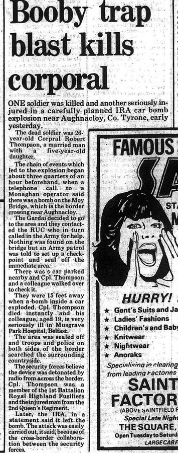 OnThisDayPIRA's tweet image. #OnThisDay in 1980 the IRA murdered Robert McNamee Thompson, 26. Married Scottish soldier with a daughter, 5. Car bomb at midnight on Moy Bridge border, Aughnacloy. Shadowy figures seen. Inquest- last words: “It’s all right, it’s just a dumped car” Pte Ellis severely injured #OTD