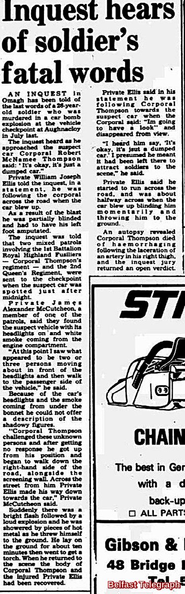 OnThisDayPIRA's tweet image. #OnThisDay in 1980 the IRA murdered Robert McNamee Thompson, 26. Married Scottish soldier with a daughter, 5. Car bomb at midnight on Moy Bridge border, Aughnacloy. Shadowy figures seen. Inquest- last words: “It’s all right, it’s just a dumped car” Pte Ellis severely injured #OTD