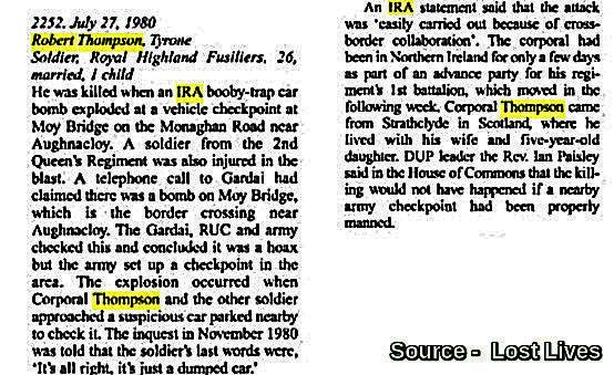 OnThisDayPIRA's tweet image. #OnThisDay in 1980 the IRA murdered Robert McNamee Thompson, 26. Married Scottish soldier with a daughter, 5. Car bomb at midnight on Moy Bridge border, Aughnacloy. Shadowy figures seen. Inquest- last words: “It’s all right, it’s just a dumped car” Pte Ellis severely injured #OTD