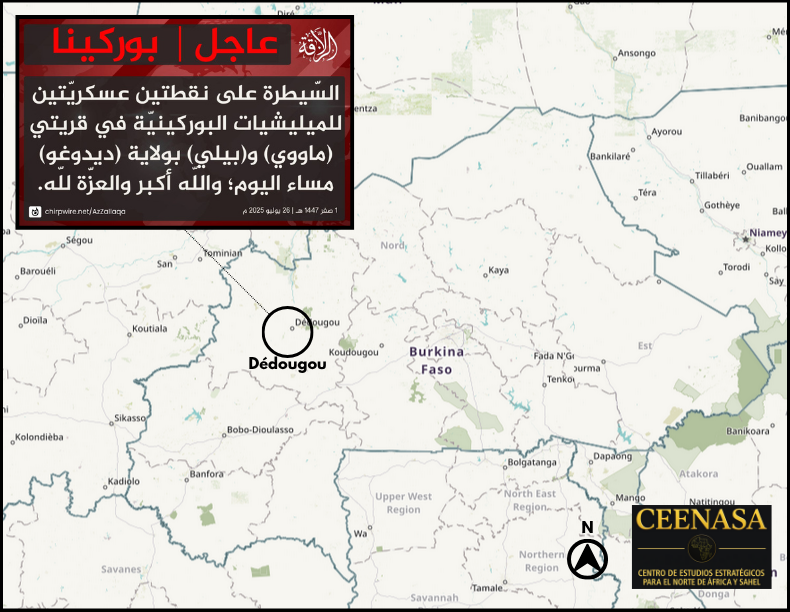 CEENASA396971's tweet photo. #BURKINA FASO 🇧🇫
On 26/07, the #JNIM claimed to have taken control of 2 VDP posts in the Province of #Dédougou. https://t.co/O38xMWvVRE