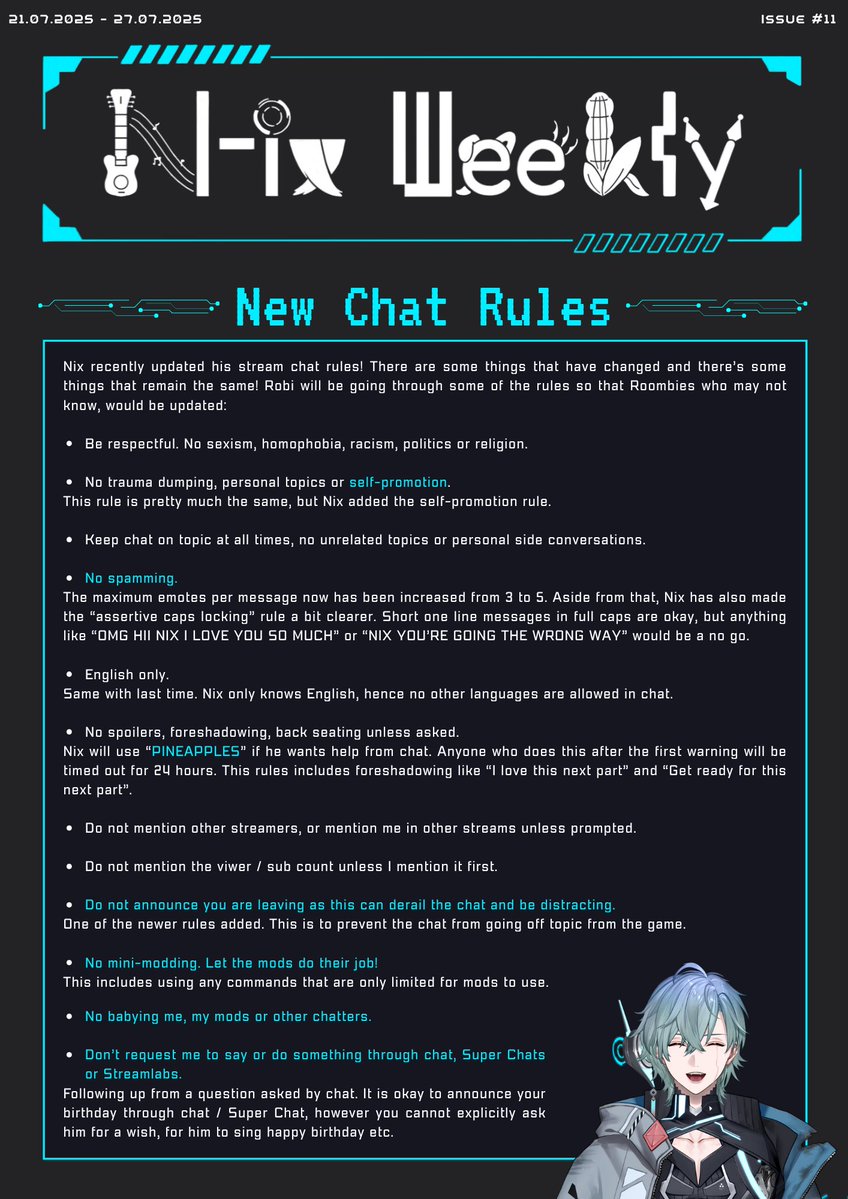nixweekly's tweet image. NIX WEEKLY: ISSUE #11 🦾📰

Robi will be having a busy schedule so posting this *extremely* early this time. Make sure you check out the very very very important front page!

Enjoy tonight’s menshi, Volterriers!

Robi 🩵🌸

#NixWeekly 

(1/3)