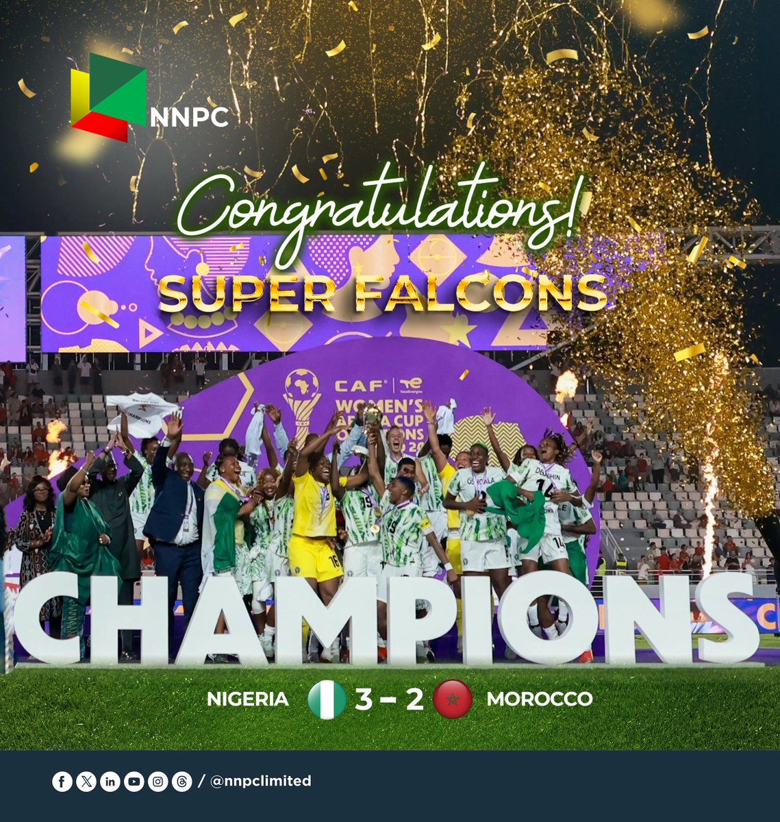 nnpclimited's tweet image. Congratulations, Super Falcons! Champions of Africa! 🇳🇬🏆
10-time #WAFCON Champions!
The Super Falcons have soared to victory, clinching Nigeria’s record-breaking 10th CAF Women's Africa Cup of Nations (WAFCON) title (1998, 2000, 2002, 2004, 2006, 2010, 2014, 2016, 2018, 2024).…