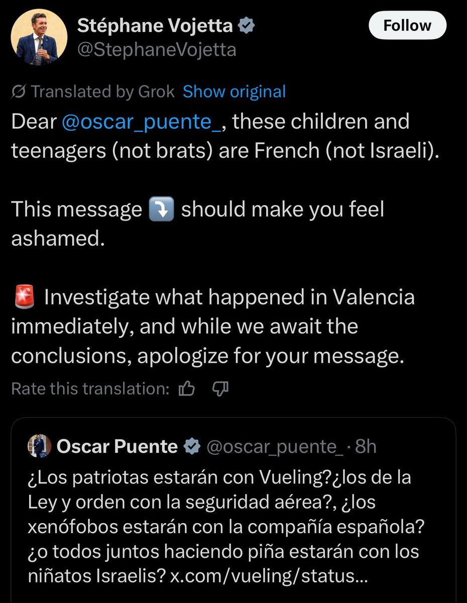 cmgorriaran's tweet image. Óscar Puente, descubierto en Francia tras sus insultos a los chicos franceses discriminados por Vueling: “niñatos israelíes”. La casta política más corrupta, zafia y estúpida de Europa es la de Sánchez.