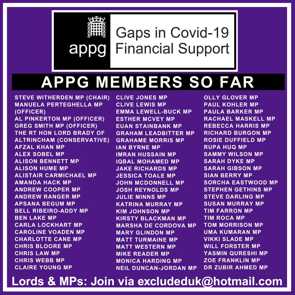 ExcludedUK's tweet image. Thank you to all the Lords and MPs who have joined the Gaps in Covid-19 Financial Support APPG so far.
ExcludedUK are Secretariat for this APPG and are registering all Lords and MPs who would like to join.
All officer positions have been taken, but ordinary members are welcome…