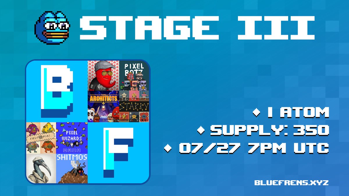 BluefrensNFT's tweet image. GM Bluefrens π
Stage III is coming today on @StargazeZone at 7PM UTC! π
All holders of @starrynft, @YieldBotz, @PixlWizardsNFT, @expedition_pics, @frutopianism, @ShitonCosmos, @Architects_nft and @spiceagents are included.
Get $STARS & 1 $ATOM ready in your wallet! πΈ
