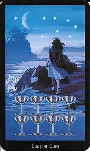 alanreadstarot's tweet image. First card out in my daily Tarot spread for me today: Eight of Cups - I love this card's message of new beginnings. The figure is walking away from us leaving the Cups in ordered rows. What will you leave behind to make that fresh start? #tarot #tarotcards #tarotreading #cotd