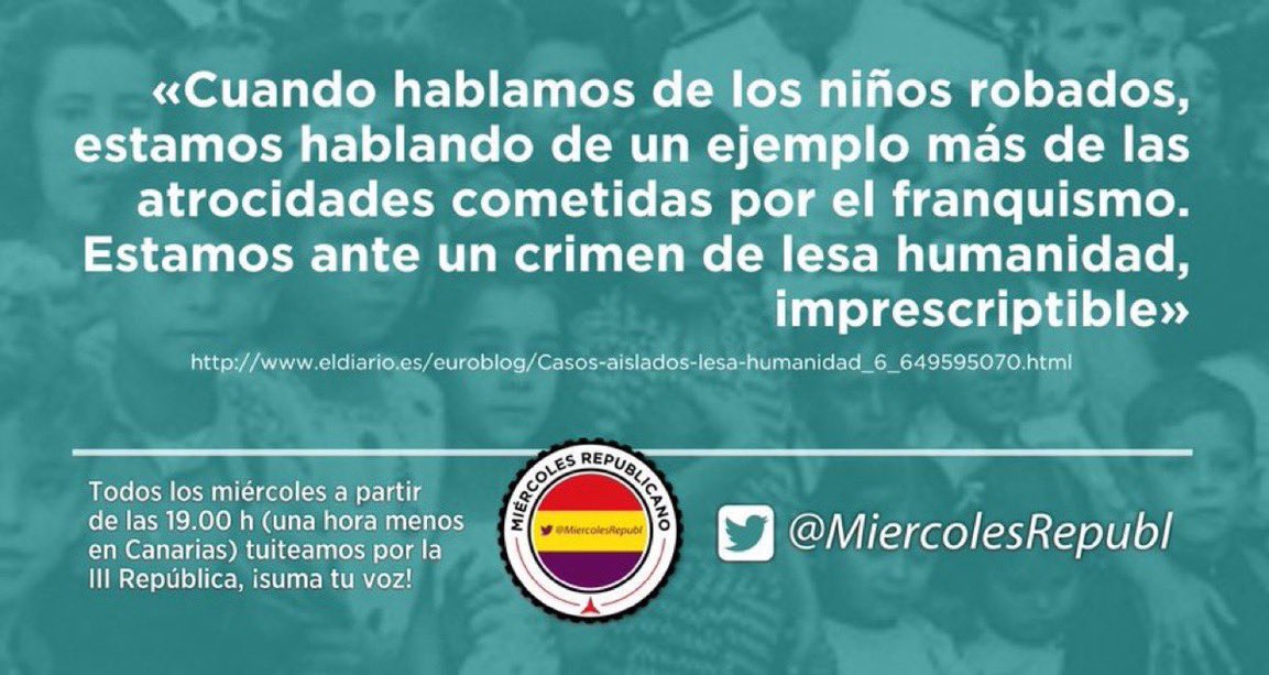 ComMadridMR's tweet image. «Cuando hablamos de los niños robados, estamos hablando de un ejemplo más de las atrocidades cometidas por el franquismo. Estamos ante un crimen de lesa humanidad, imprescriptible»
#NiOlvidoNiPerdón #BebésRobados #FelizDomingo ❤️💛💜