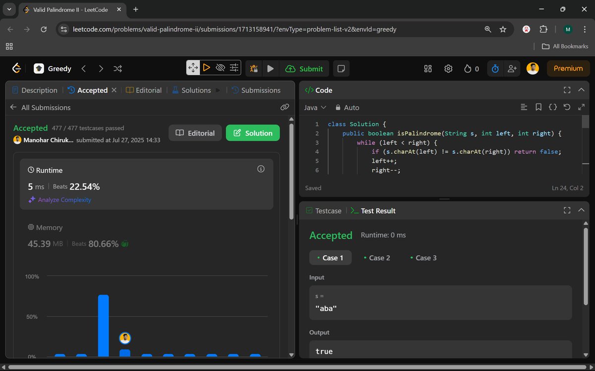 Manohar2909's tweet photo. Day 57/100: Staying Consistent, Growing Stronger!

680. Valid Palindrome II
976. Largest Perimeter Triangle

#Day57 #100DaysOfCode #LeetCode #JavaProgramming #TwoPointerTechnique #GreedyAlgorithm #StringProblems #CodingChallenge #TechCommunity  #DeveloperJourney #AlgoDaily https://t.co/uJGL2X3xmc