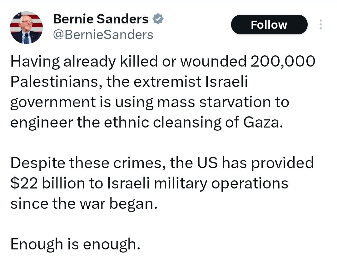 IRANinHUNGARY's tweet image. Bernie Sanders: Over 200,000 Palestinians have been killed or injured, and now starvation is being used as a weapon. Despite this, the U.S. has sent $22B to fund Israel's war. It's time to say: enough is enough. #Gaza
#CeasefireNow